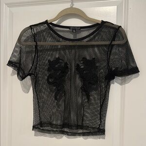 Current Mood Black Mesh Top with Dragon Design